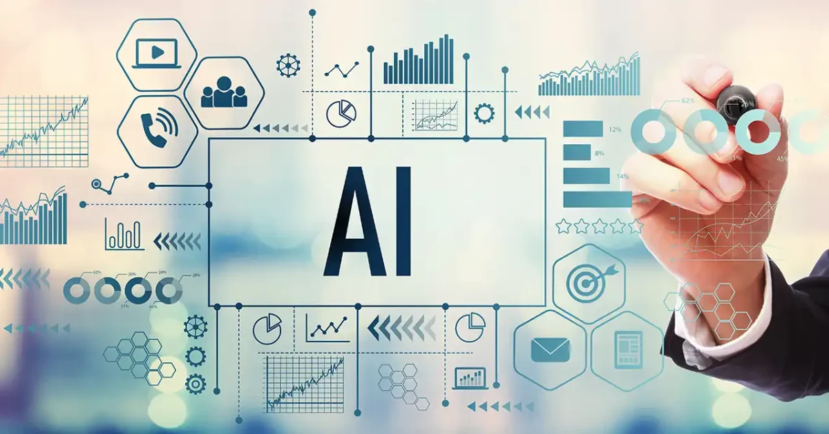 glass board with AI graphics and statistics